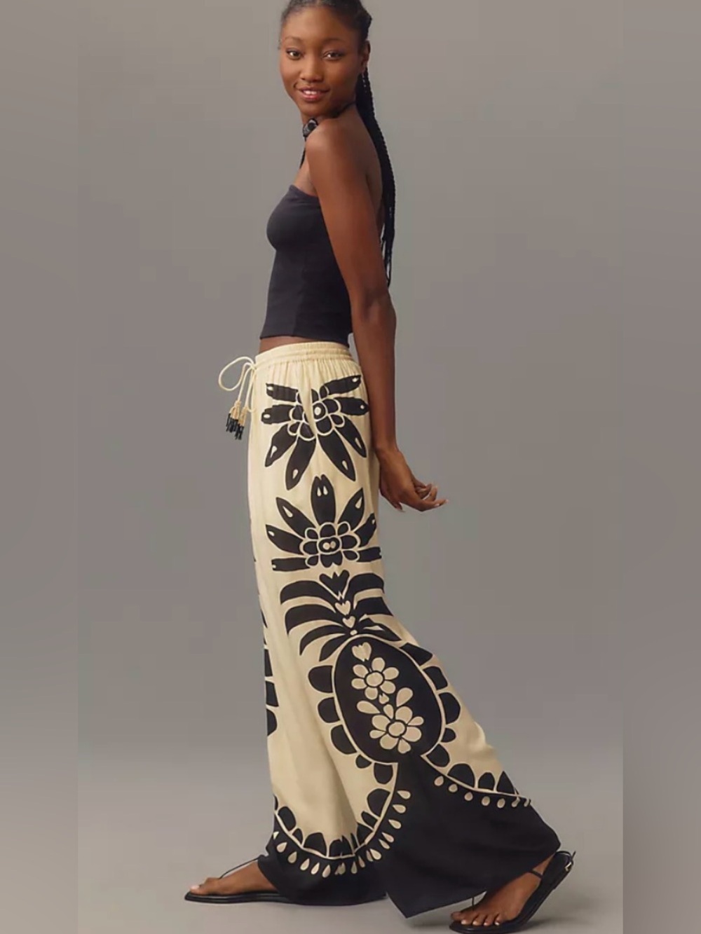 Boho Cream & Black Floral wide leg pants size size M inseam 30